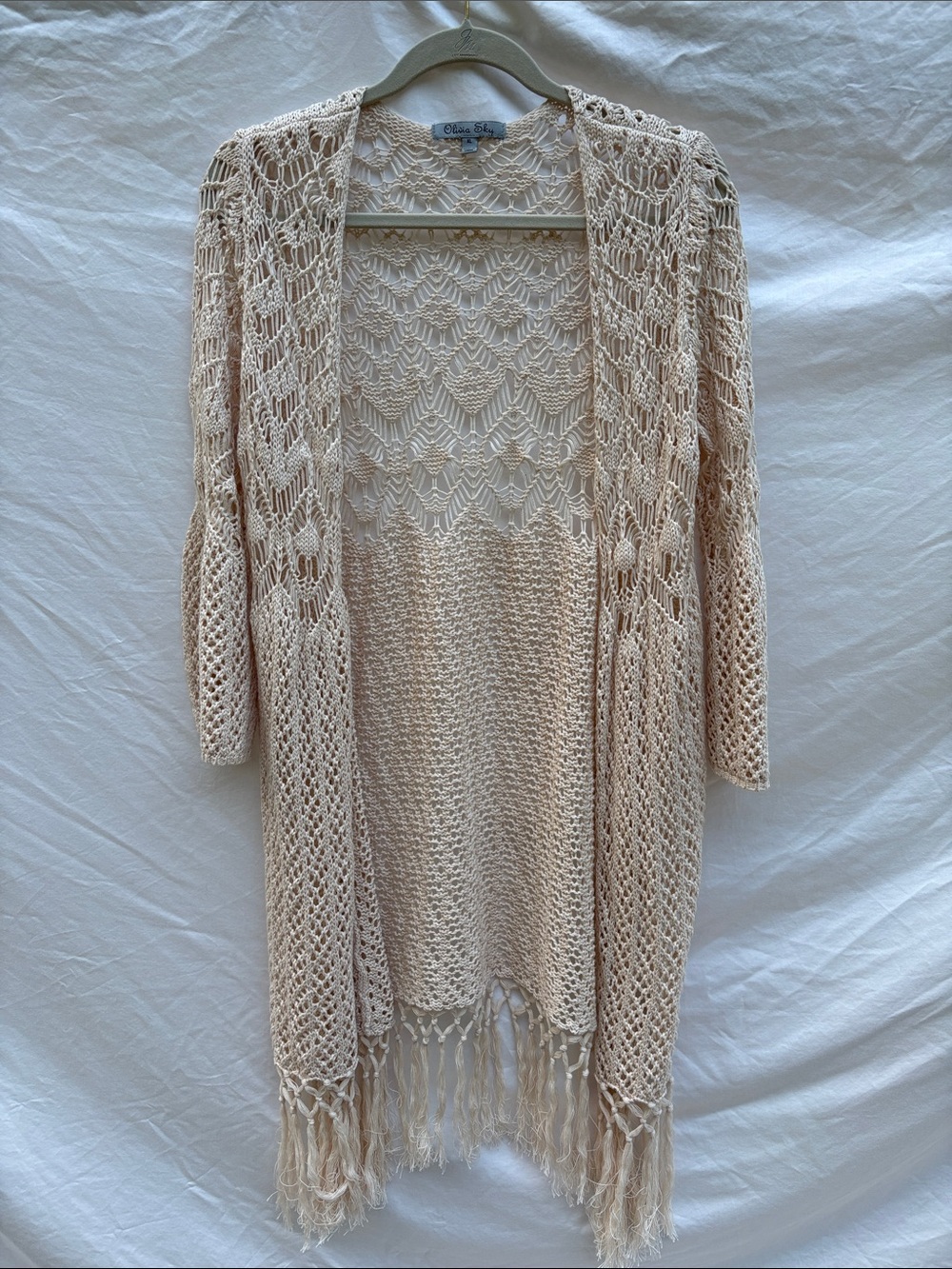 Olivia Sky Cream Open-Knit Fringe Duster Cardigan